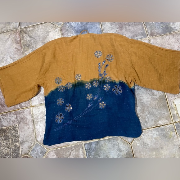 INDAH Bohemian Blue & Tan Cotton Kimono Coverup Cut-Out Floral Detail Top Sz S/M - Picture 7 of 9